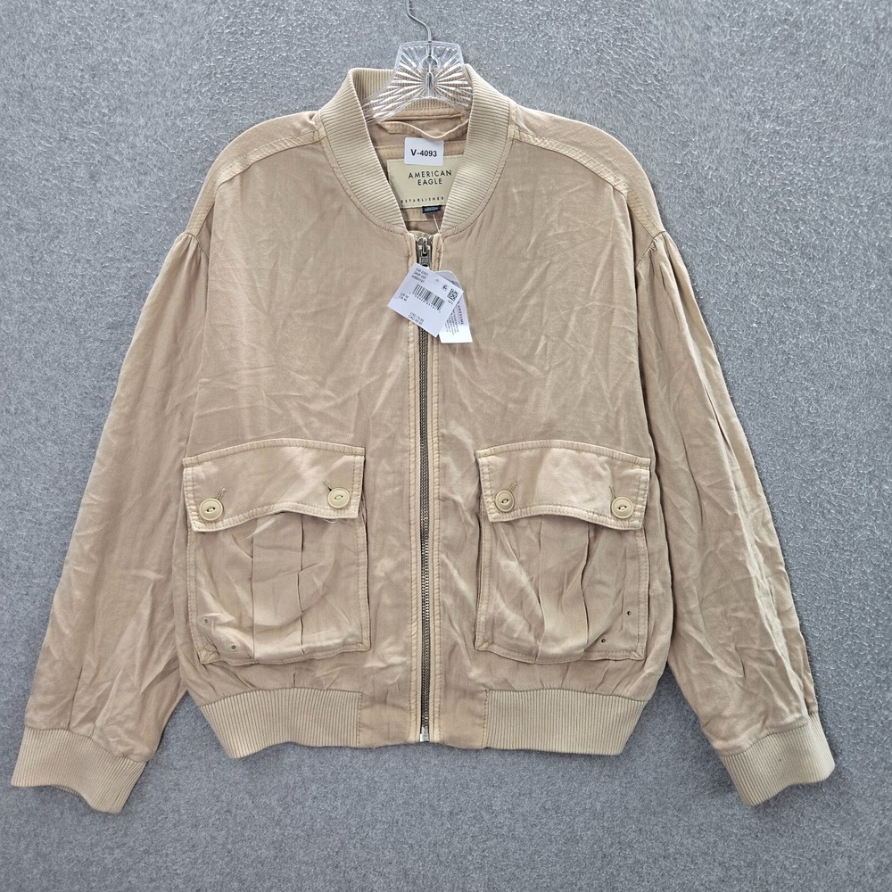 American Eagle Women Jacket M Beige Bomber Utility Linen Blend Full Zip NWT
